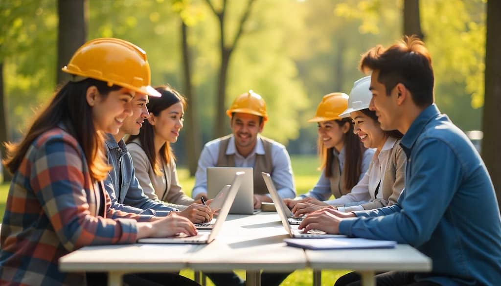 asian construction worker male and female,